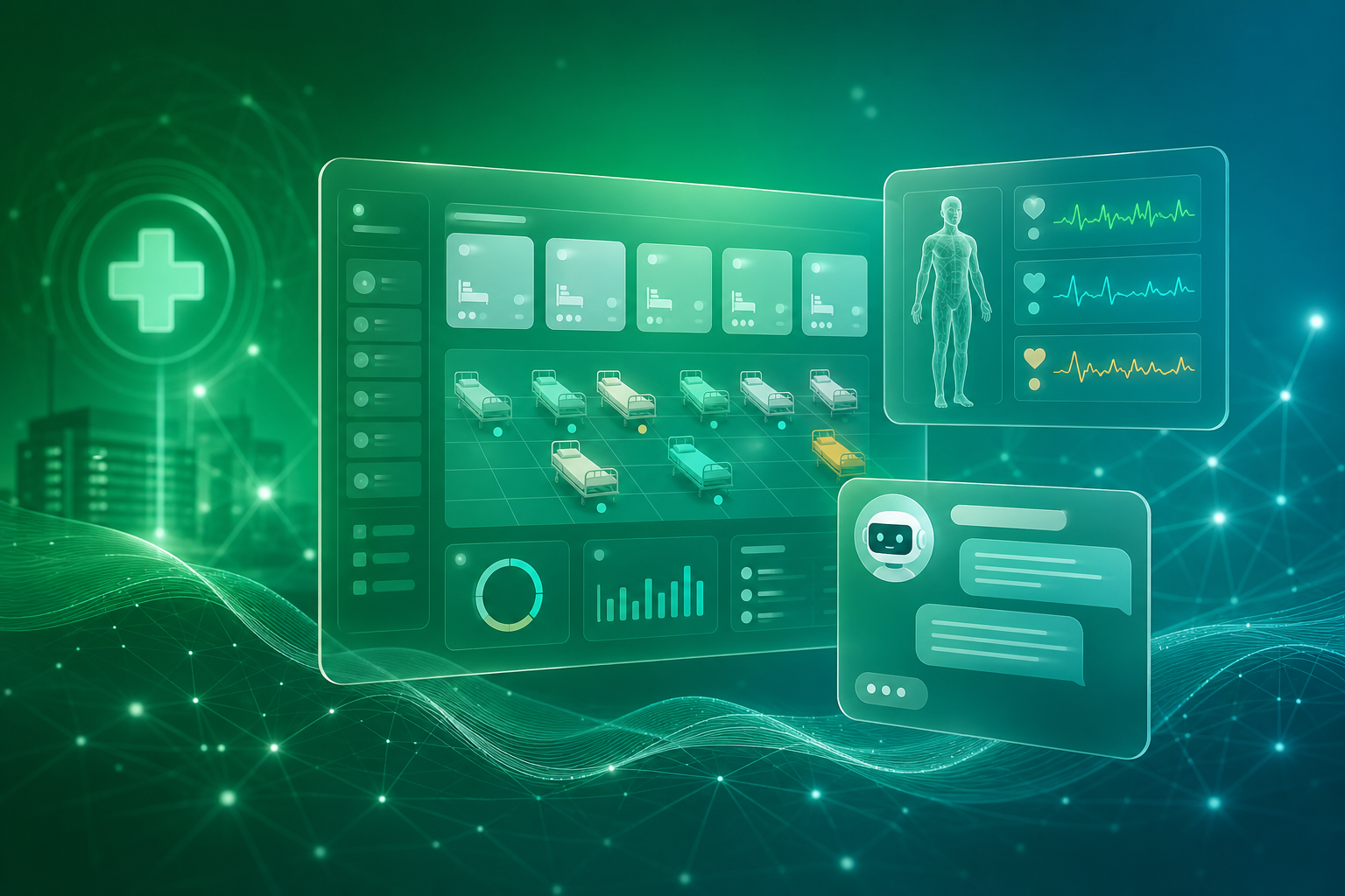 Alcura hospital command center dashboard showing live bed board and cashless claim status